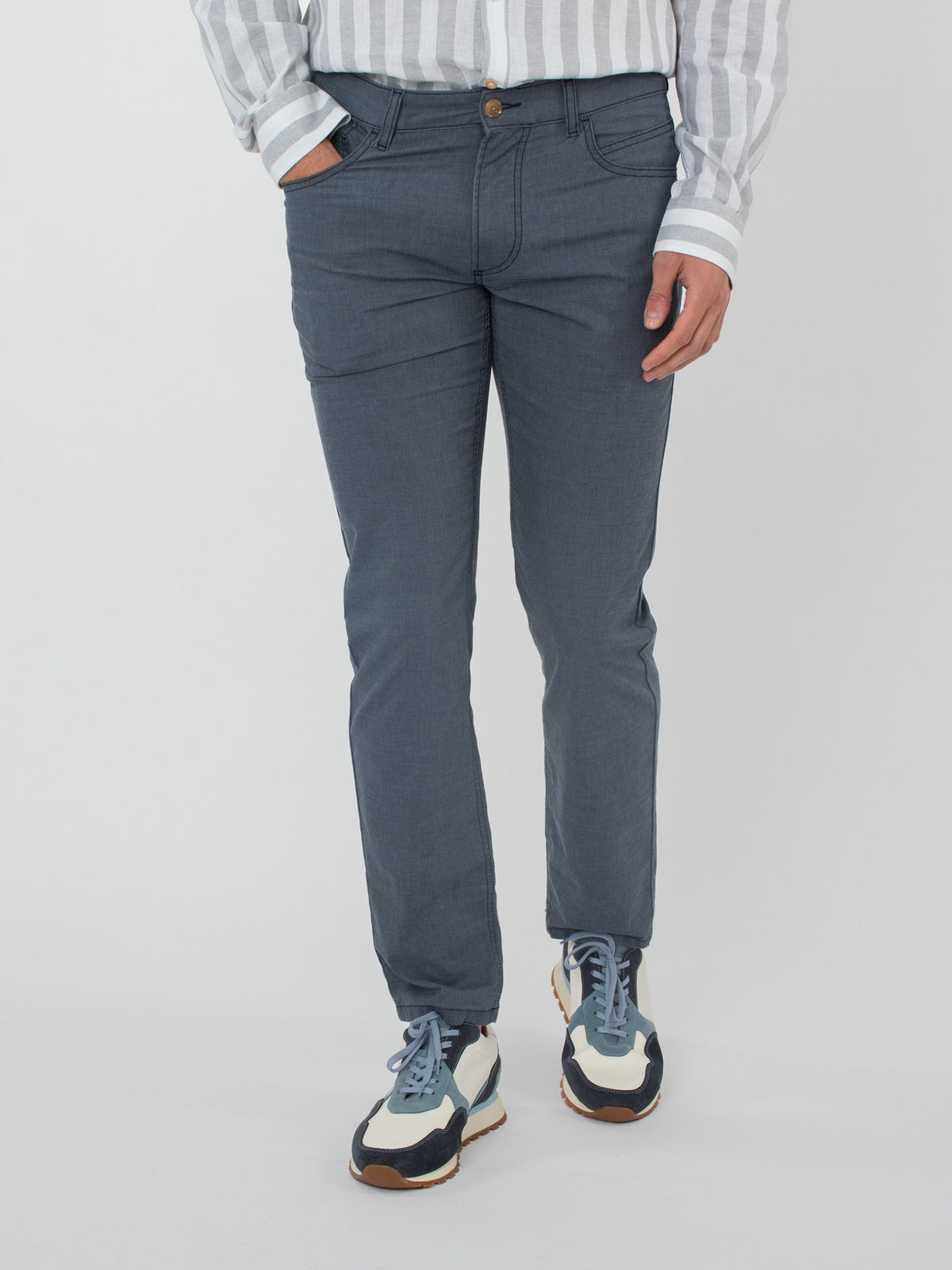 Slim fit micro-printed five-pocket trousers