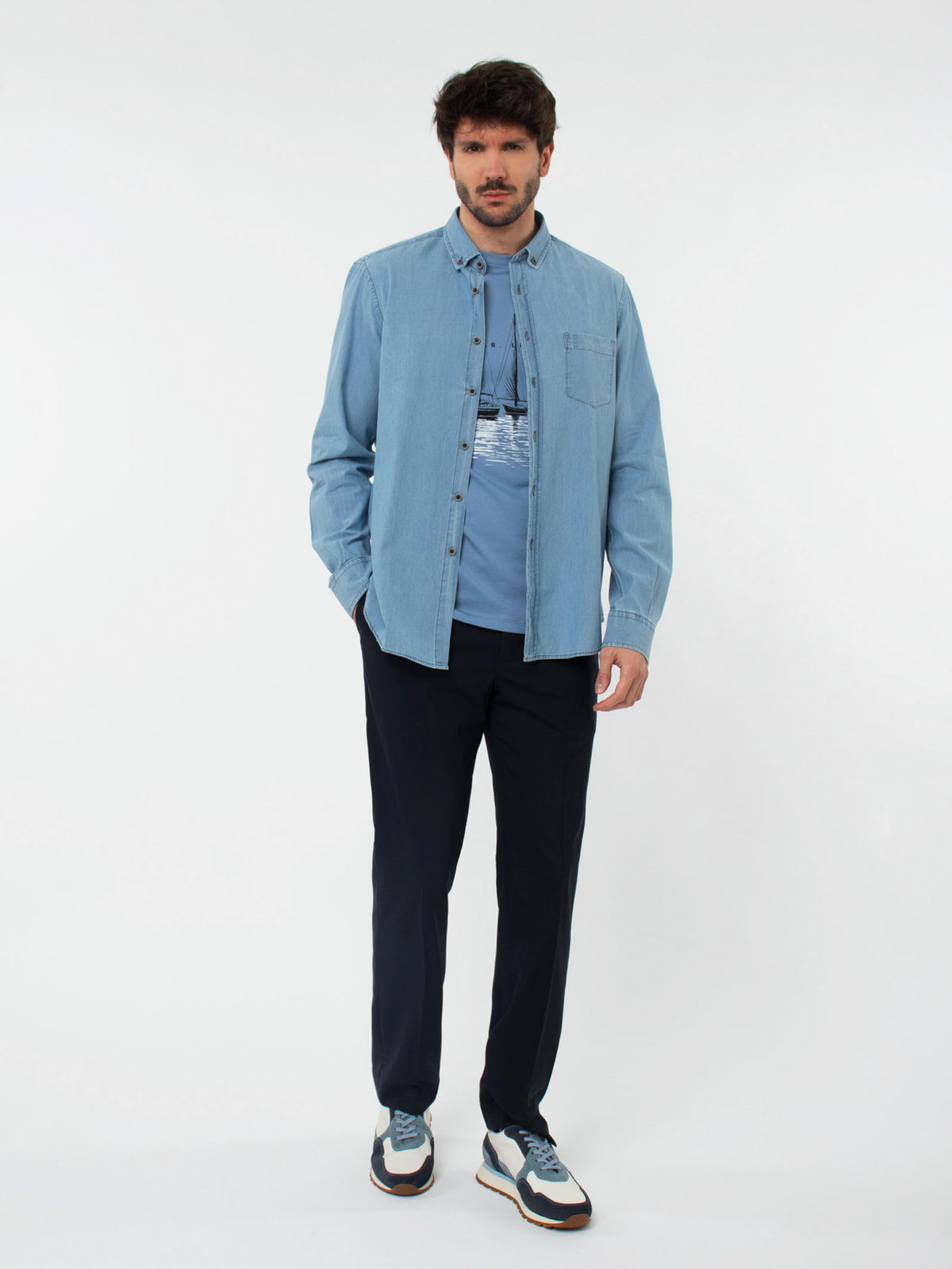Regular fit melange flat front trousers